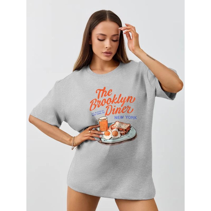 

Western Style New Fashion Casual Loose Print round Neck Short sleeve T-shirt Top Printed T-shirt Top Light gray 3XL