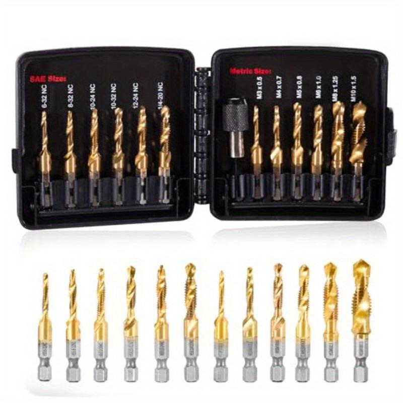 Drill Tap Set With Quick-Change Adapter Of 13Pcs, 6 SAE Sizes, 6 Metric Sizes, Combination Drill And Tap Set