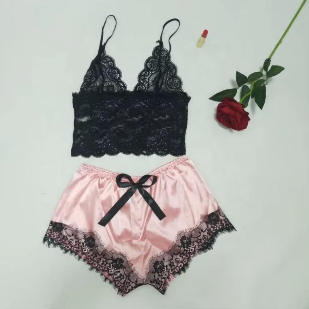 2PcsSet Women'S Pajamas Underwear Sexy Silk Satin Lingerie Women'S Sexy Lace Halter Top Shorts Pajamas Set