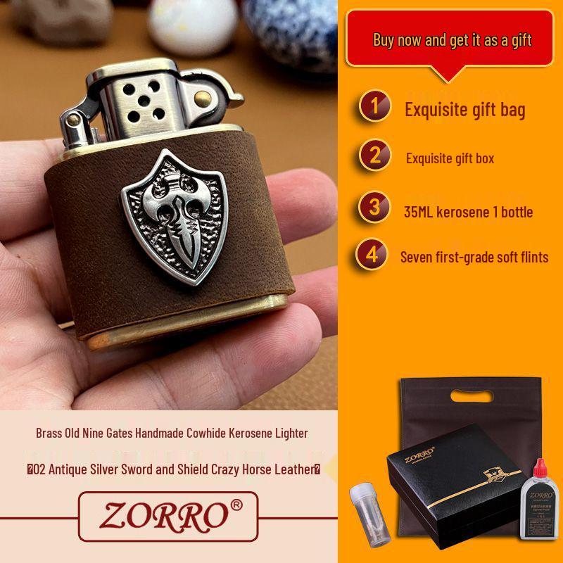 Zorro 506 Antique Silver Star Leather Brass Kerosene Lighter - Handmade Gift