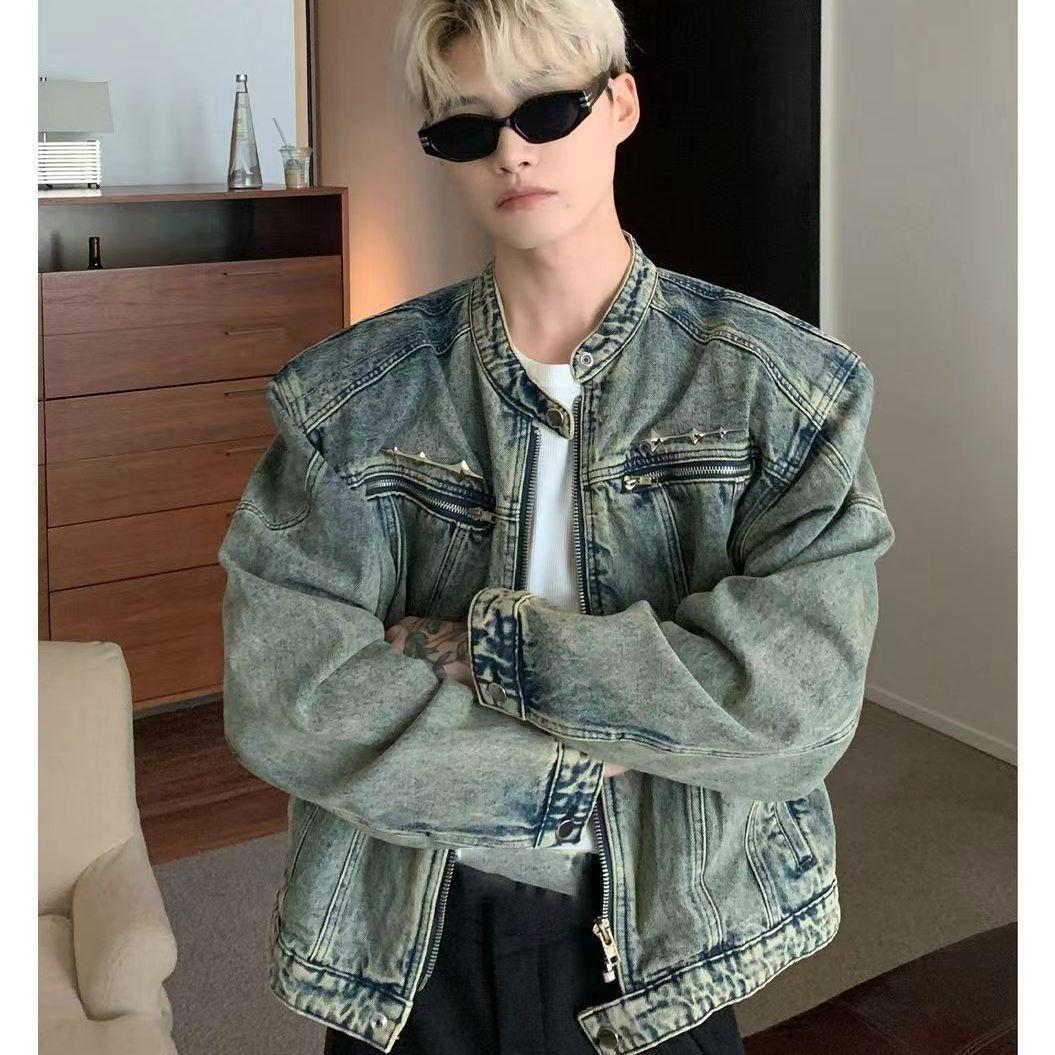 

Мужские джинсовые куртки в американском стиле, пальто на молнии в стиле High Street, винтажная потертая ковбойская куртка, весенняя повседневная уличная одежда L синий