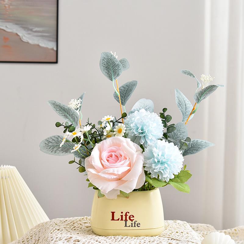 Living Room Decor: Artificial Sunflower and Green Plant Arrangements, Small Potted Plants, and Plastic Bouquets
