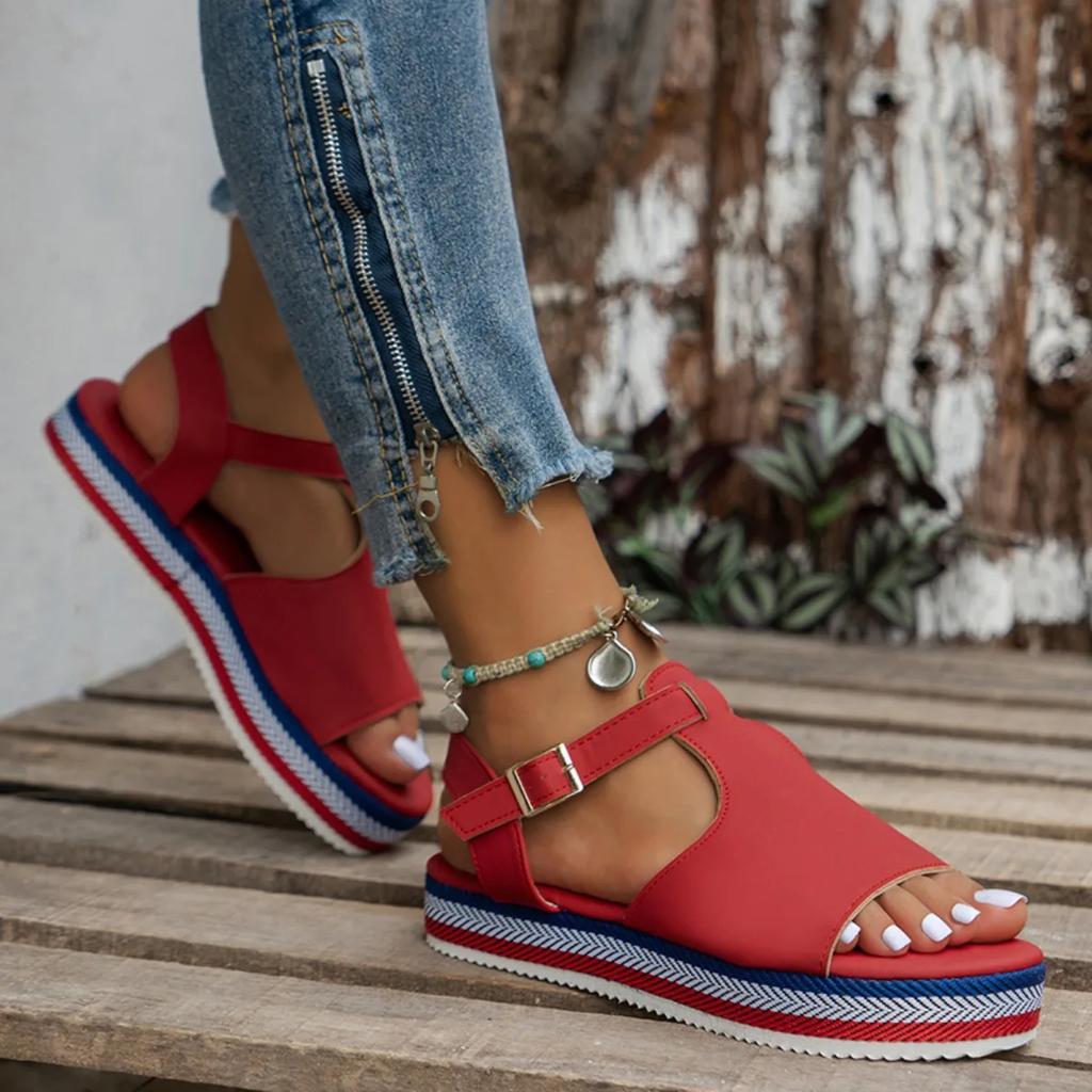 Thick Bottom Sandals Summer New Peep Toe Hollow Candy Color Metal Buckle Female Shoes Casual Beach Sandalias Mujer Romanas Shoes