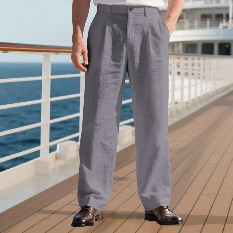 Men Linen Blend Pleated Dress Pants High Waist Straight Leg Casual Trousers