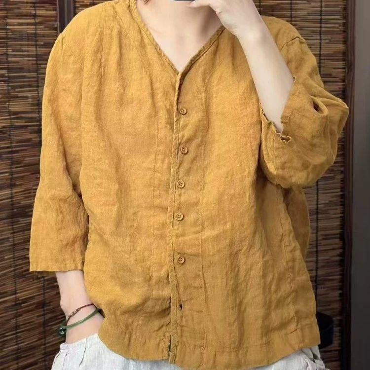 Women's Loose Cotton-Linen Cardigan Top with 3/4 Sleeves