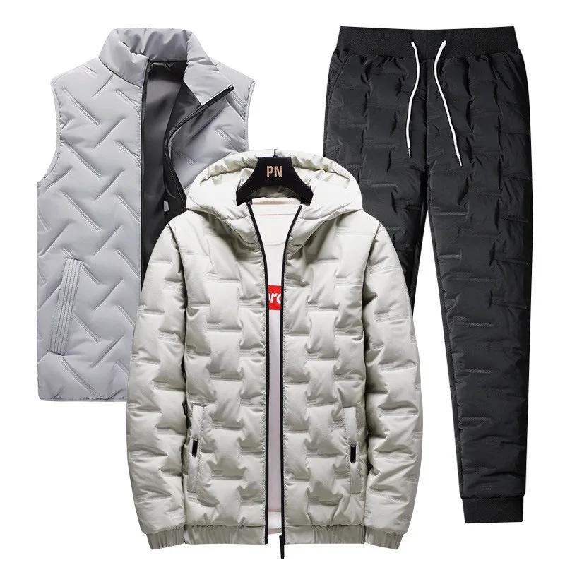 

Мужские комплекты Зимнее утепленное мужское хлопковое пальто Модный повседневный спортивный комплект из трех предметов с капюшоном и хлопковой подкладкой Парки XXXL