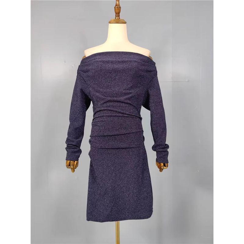 

Foreign Trade H Home Summer New Long sleeve off-Neck Heavy Industry High Quality Bright Silk Thread Batwing Sleeve Niche Sheath Dress Tibetan Blue S