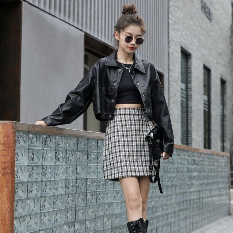 Módní volná dámská krátká bunda z umělé kůže - vintage kabát v korejském stylu