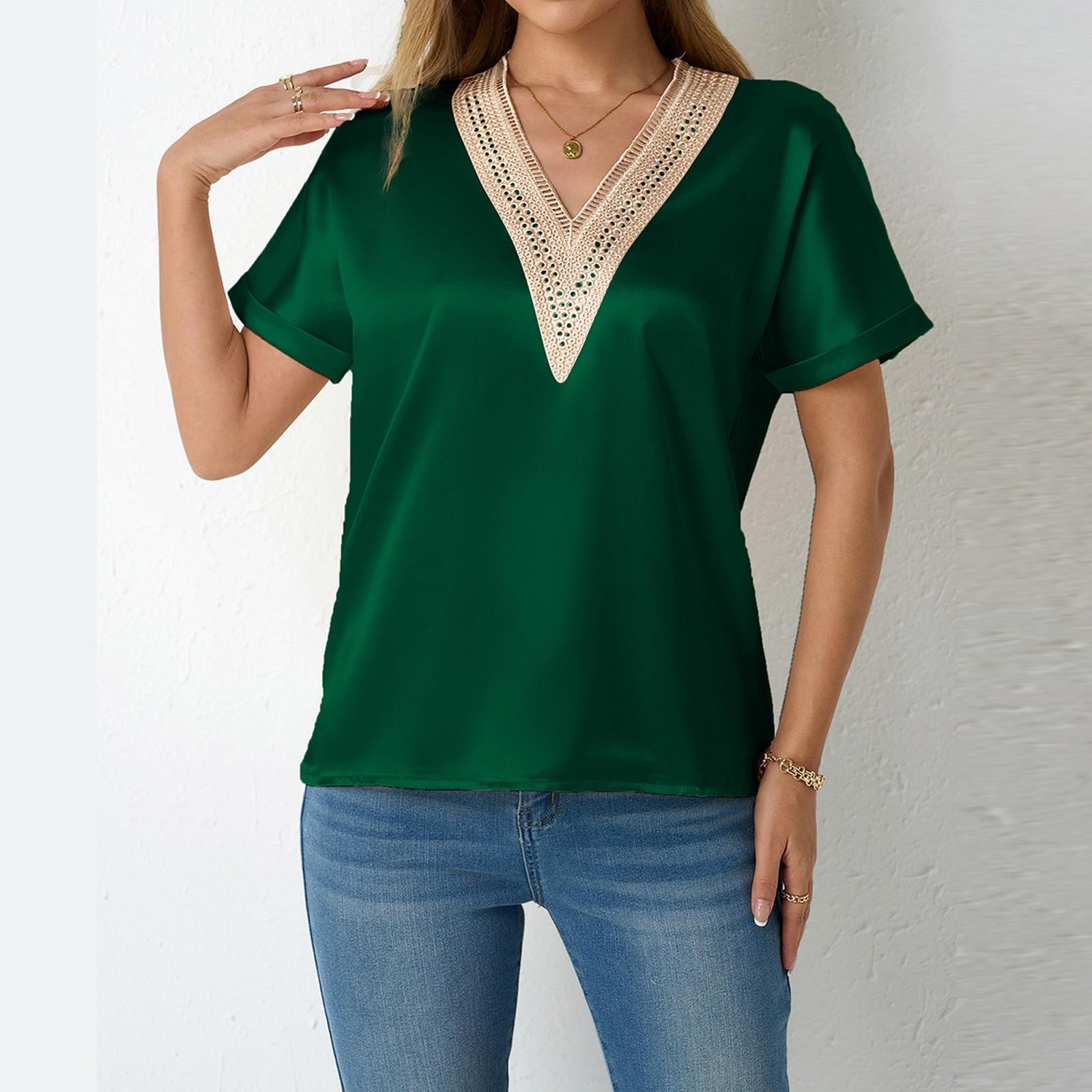 

Женская рубашка с коротким рукавом, свободный атласный топ, тисненый кружевной топ с V-образным вырезом и шелковой подкладкой S зелёный