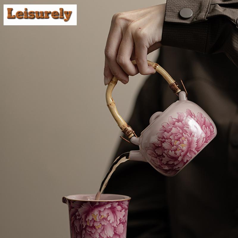 230ML Antique Pink Peony Flower Ru Kiln Lifting Handle Teapot Tea Infuser Pot Tea Brewing Kettle With Filter Chinese Tea Set