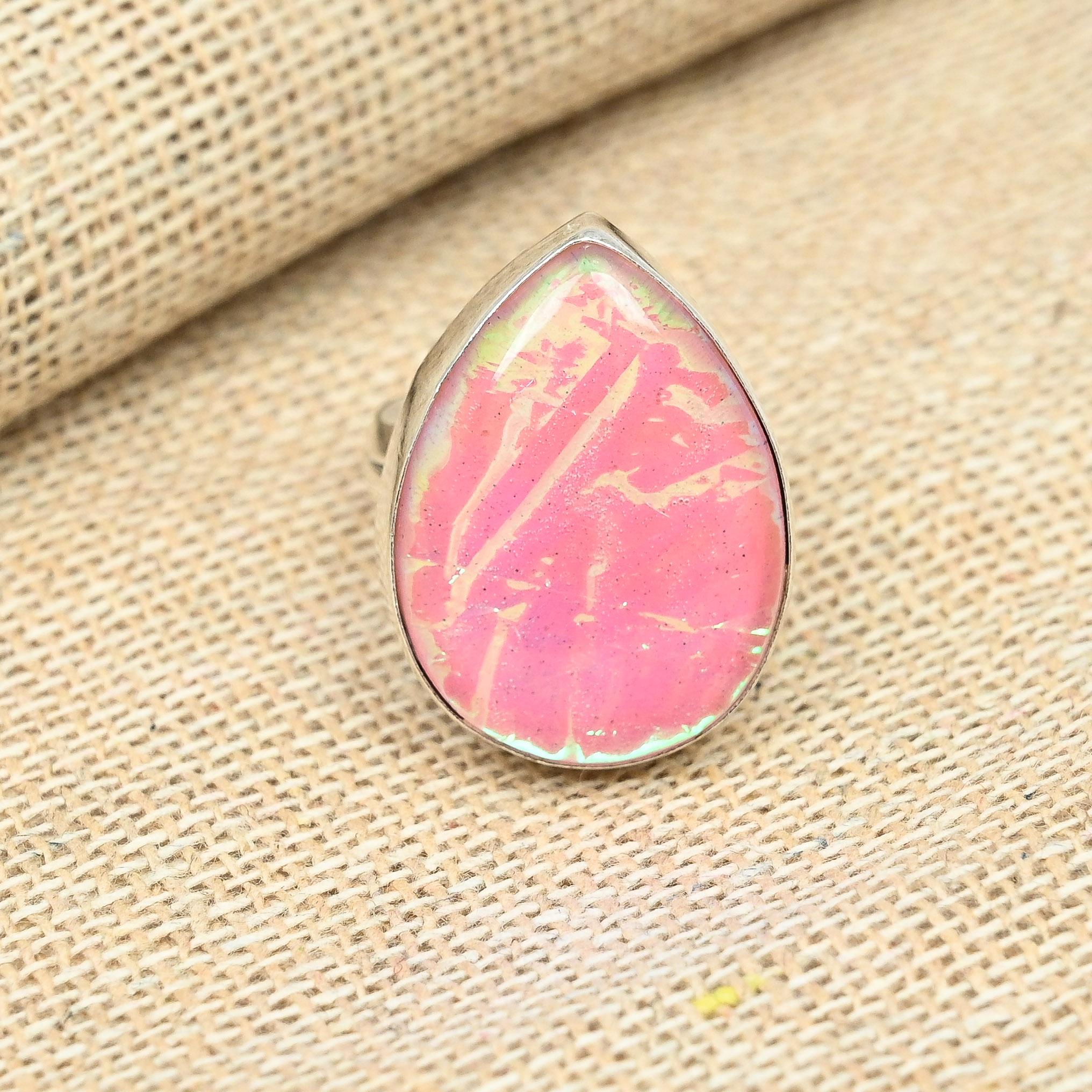 

Кольцо обещания ручной работы из стерлингового серебра 925 пробы с розовым австралийским тройным опалом и драгоценным камнем 12 розовый