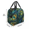 Colorful Peacock Feather Insulated Lunch Bag for Women Children Portable Food Boxes Thermal Lunch Box Tote