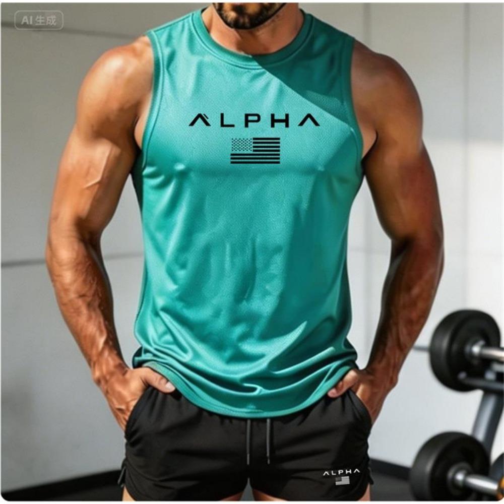 2026 Alpha Herren Bedrucktes Rundhals Fitness Unterhemd, Muskulös Schnelltrocknend Basketball XL blue