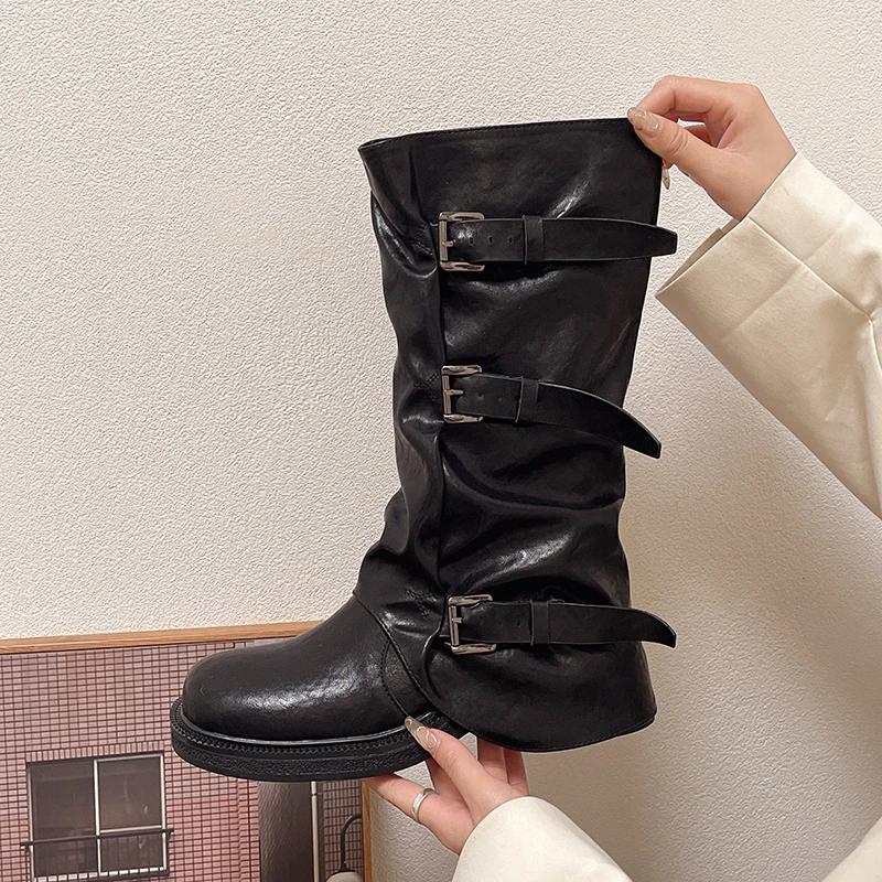 Women's Retro Belt Buckle High Heels Western Denim New Outdoor Slimming Fashion Women's Shoes Women's Beautiful Long Tube Boots