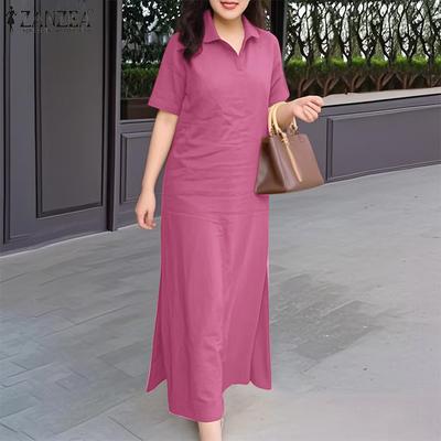 Women Summer Casual Turn Down Collar Short Sleeve Loose Plain Dress