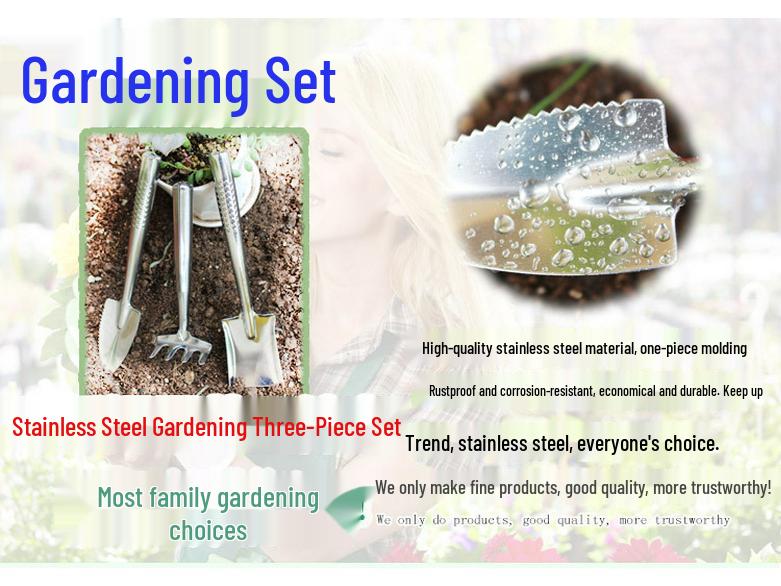 Gartenwerkzeug-Set aus Edelstahl: Schaufel, Hacke und Rechen für Blumen und Topfpflanzen.