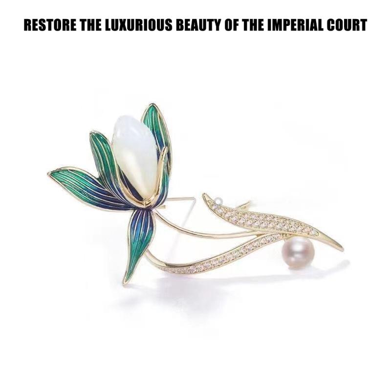 Elegant Magnolia Flower Brooch Sophisticated Pin Pearls Alloy Texture Clothing Jewelry Suitable for Women Present