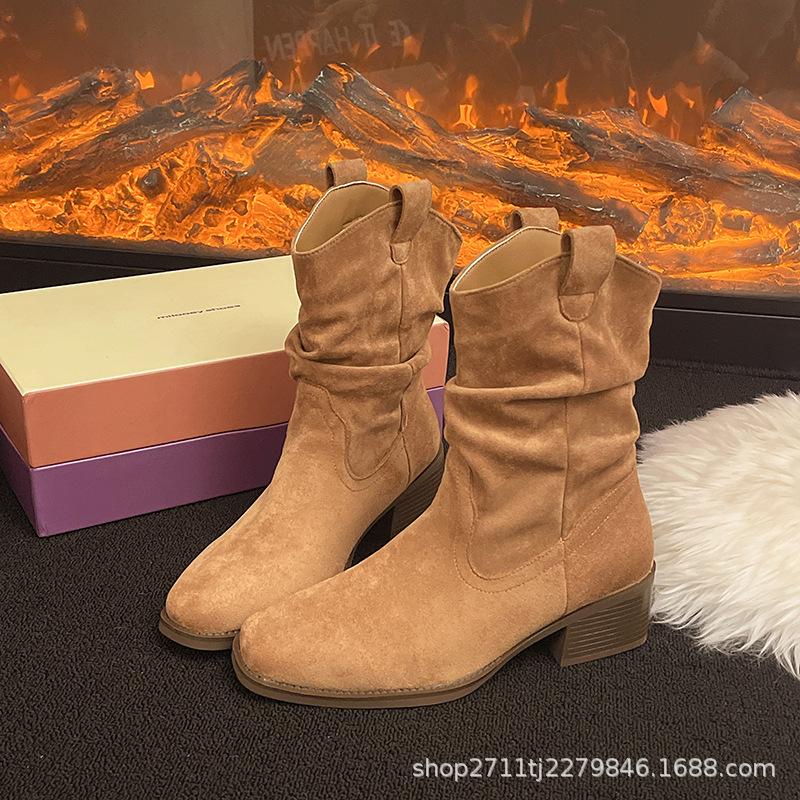 Dámské boty Martin 2025 Nové Podzimní Retro Úzké Všestranné Vysoký podpatek Malé Krátké Boty Westernové Kovbojské Boty Hromada