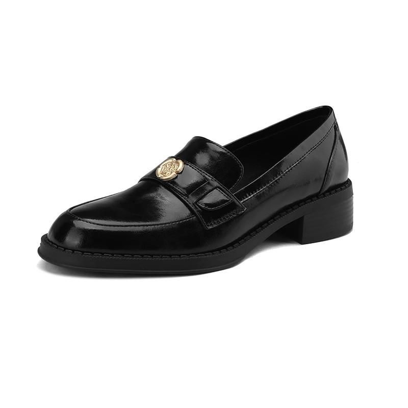 French retro British style thick heel loafers women's soft leather one-pedal camellia small leather shoes spring and autumn single shoes middle heel