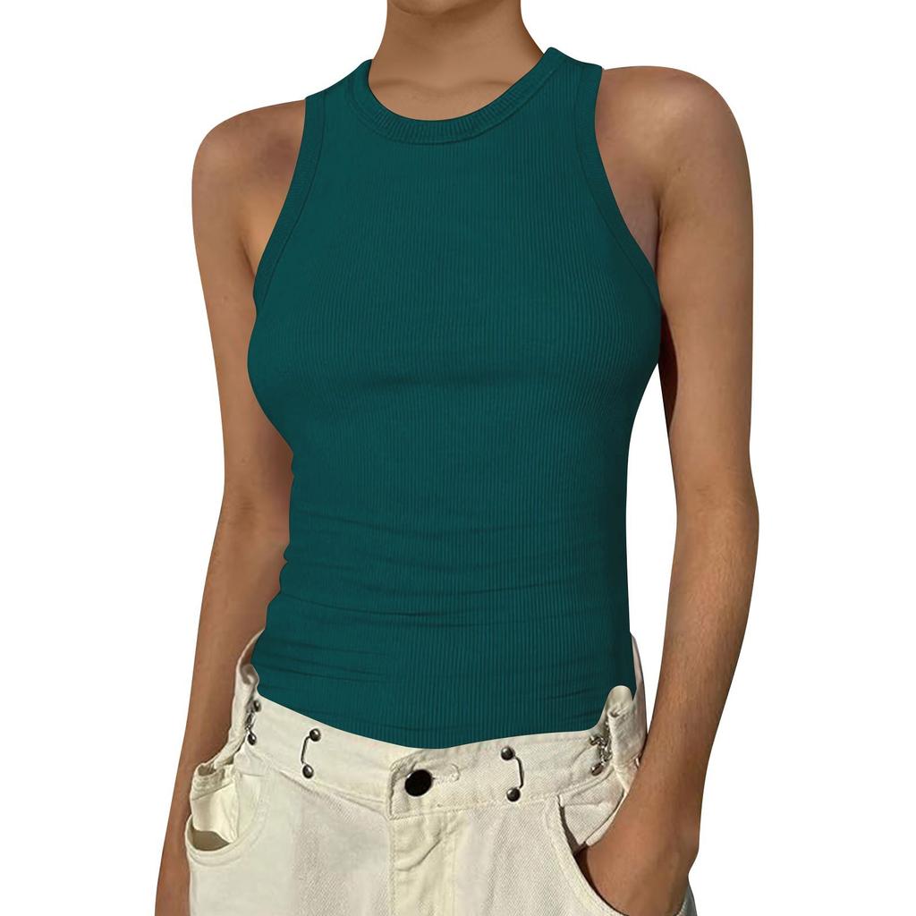 Women's Summer Fashion Casual Color Round Neck Sleeveless Top Tight Tank Top