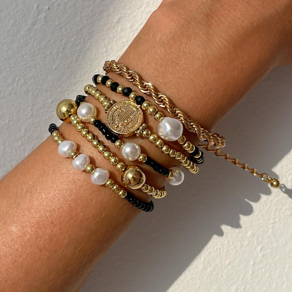 Creative Ccb Crystal Beaded Imitation Pearl Bracelet, Metal Portrait Tag Stacked Elastic Jewelry