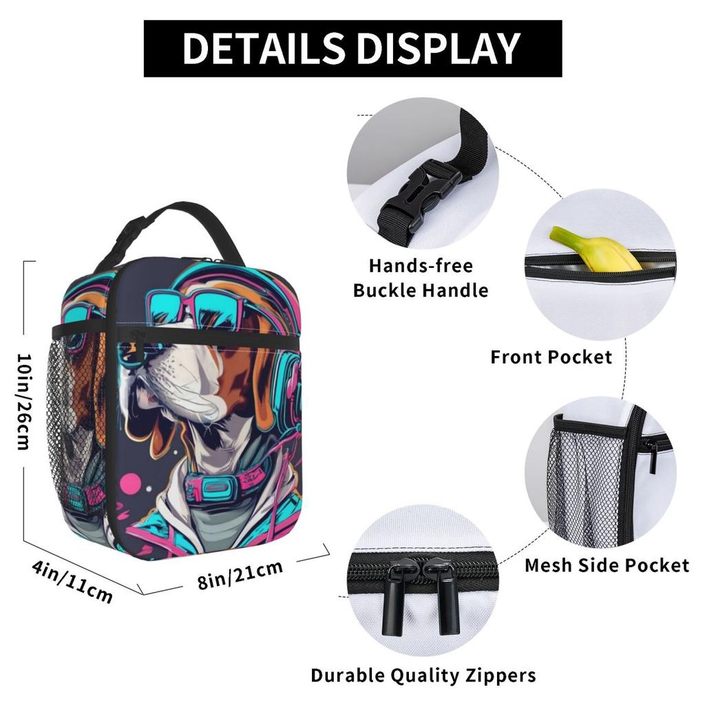 Dog Wearing Headphones And Colorful Jacket Print Insulated Lunch Bag for Women Kids Portable Food Boxes Thermal Lunch Box Tote