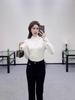 High Neck Slimming Tencel Wool Long Sleeve Top with Metal Logo