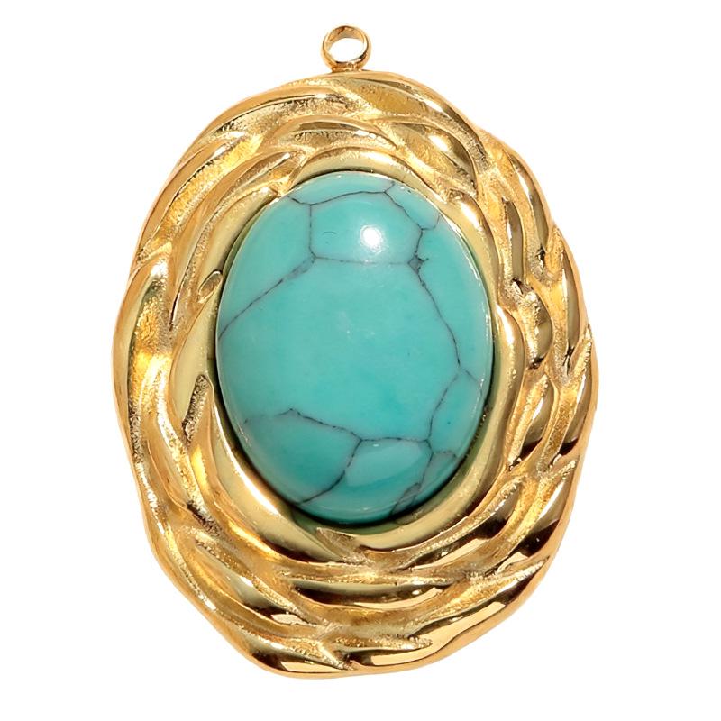 European Retro Turquoise Geometric Oval Pendant - Stainless & Titanium Steel Jewelry for Women