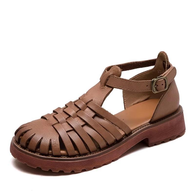 Fashion GKTINOO 2025 Summer New Hollow-out Breathable Weaving Sandals Retro Roman Style Genuine Leather Women's Shoes