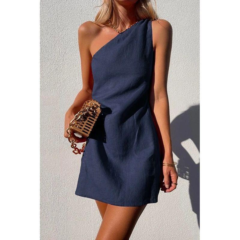 

Women s Shoulder Asymmetric Comfortable Dress Navy blue M