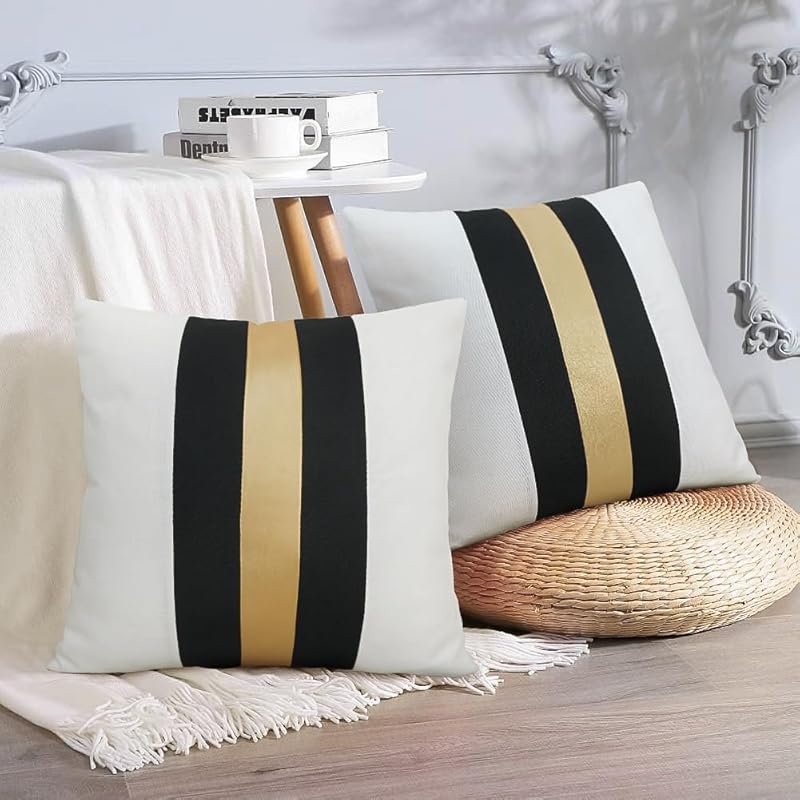 Faux Leather and Cotton Throw Pillow Covers 18x18 Inch Set of 2 Black and White Decorative Pillow Covers with Gold Stripe Patchwork Modern Farmhouse