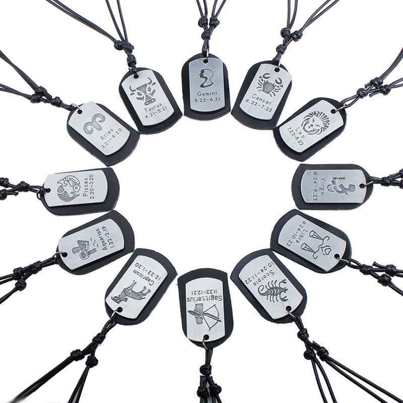 JMXD-European and American Twelve Constellation Necklace Retro Brushed Metal Pendant Genuine Leather Wax Rope Woven Constellation Series Necklace