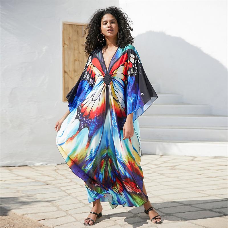 EDOLYNSA 2024 Plus Size Bunter Schmetterlingsdruck Handgestrickt V-Ausschnitt Lässiger Kaftan Damen Hauskleid Sommer Beachwear Badeanzug Cover Up Q1634