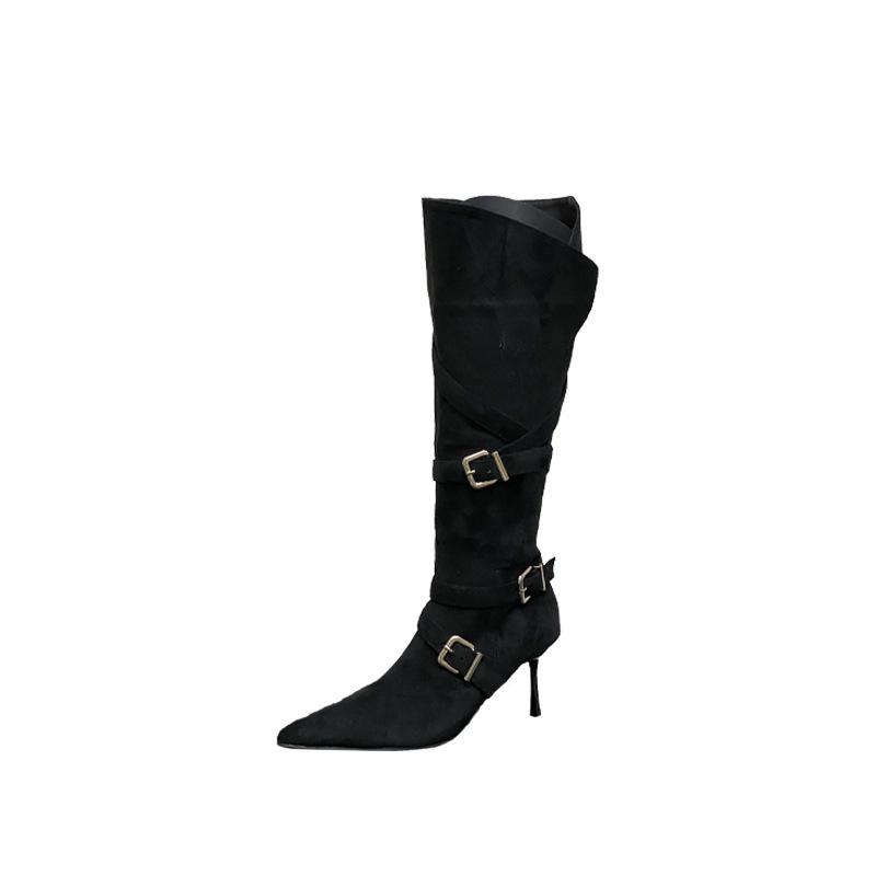 2025 autumn and winter new European and American belt buckle pointed head thin heel high heel temperament French fashion sexy beautiful women boots