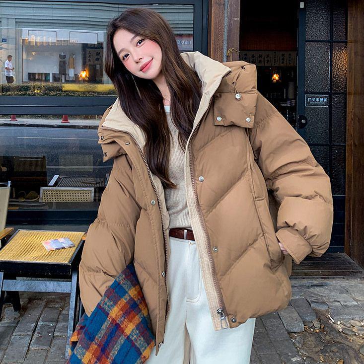 

Жіноча коротка пухова куртка з капюшоном - Нове потовщене зимове пальто L (115-130 jin) кавовий