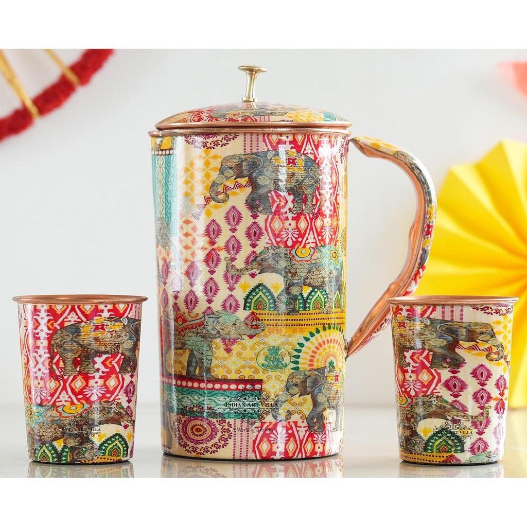 Meena Padharo Mhare Desh Theme Copper Gift Set of 1 Jug & 2 Glass - Perfect for Home, Office, and Gifting, Jug-1.5 Litre & Glass-270 ML Each