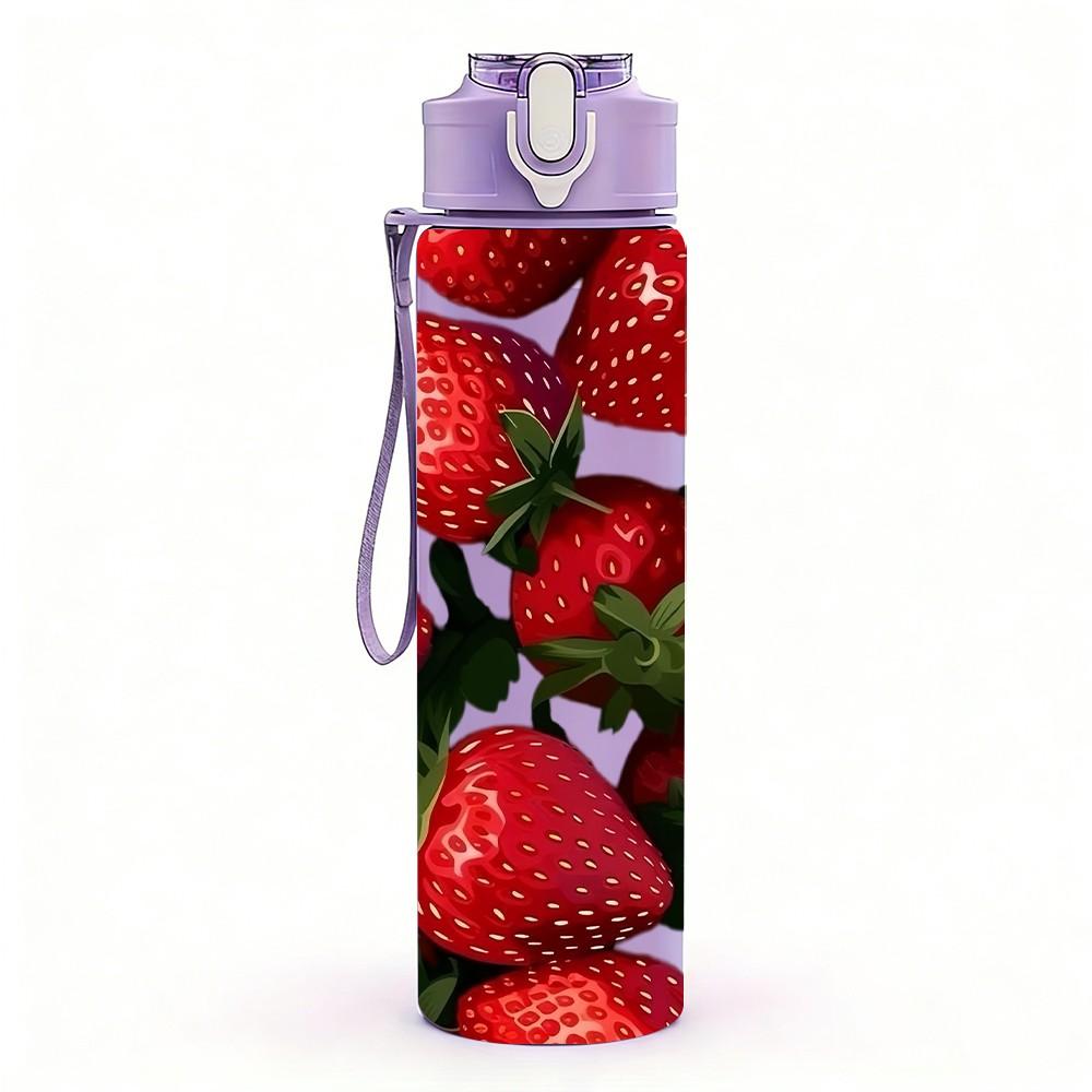1PC Fresh Ripe Red Strawberry Fruit Print 750ml Color Plastic Sports Water Bottle Leakproof Flip Straw Lid Suitable for Sports Office Home Use