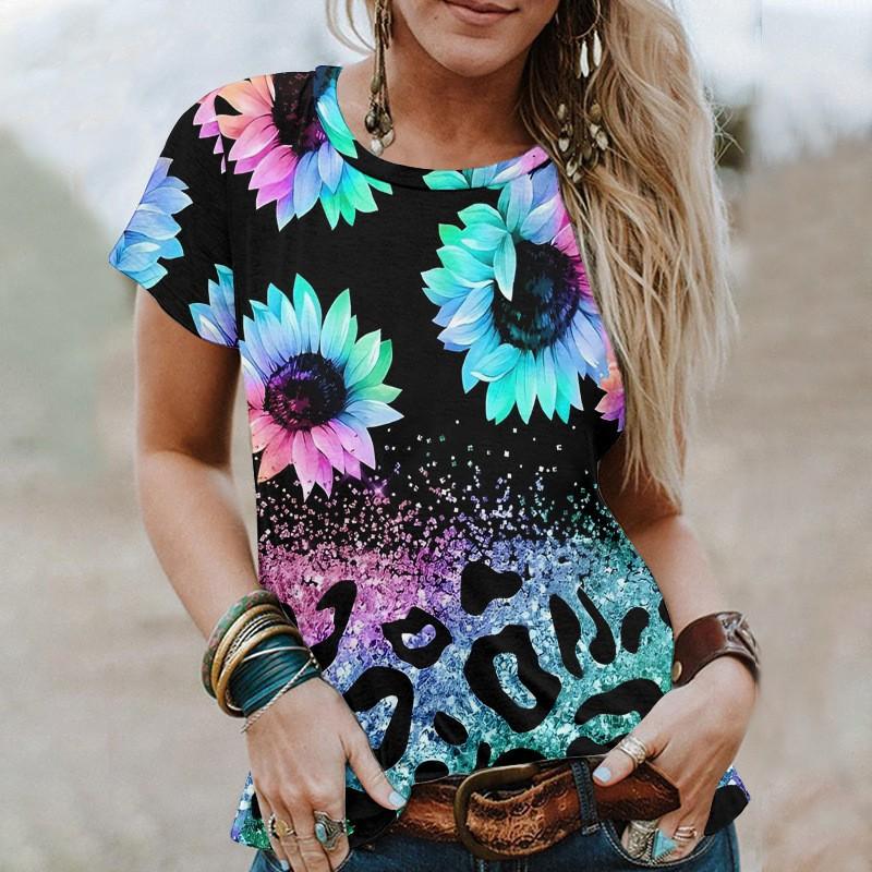 

Летний пуловер с цифровым принтом, короткий рукав, цветочный узор, свободная круглая горловина, женская футболка 6XL