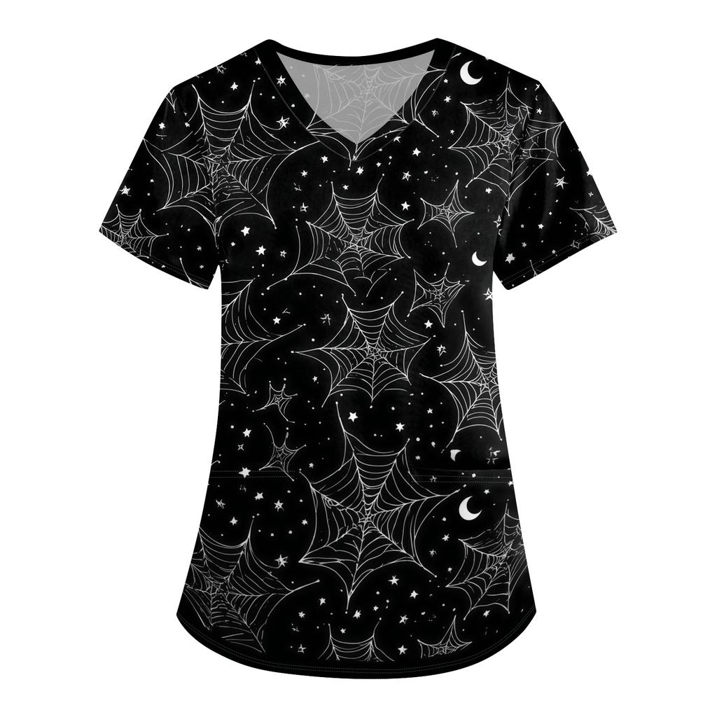 Women's Halloween Print Loose Fit V Neck Pocket Short Sleeve Medical Scrub Top Nurse Uniform Workwear
