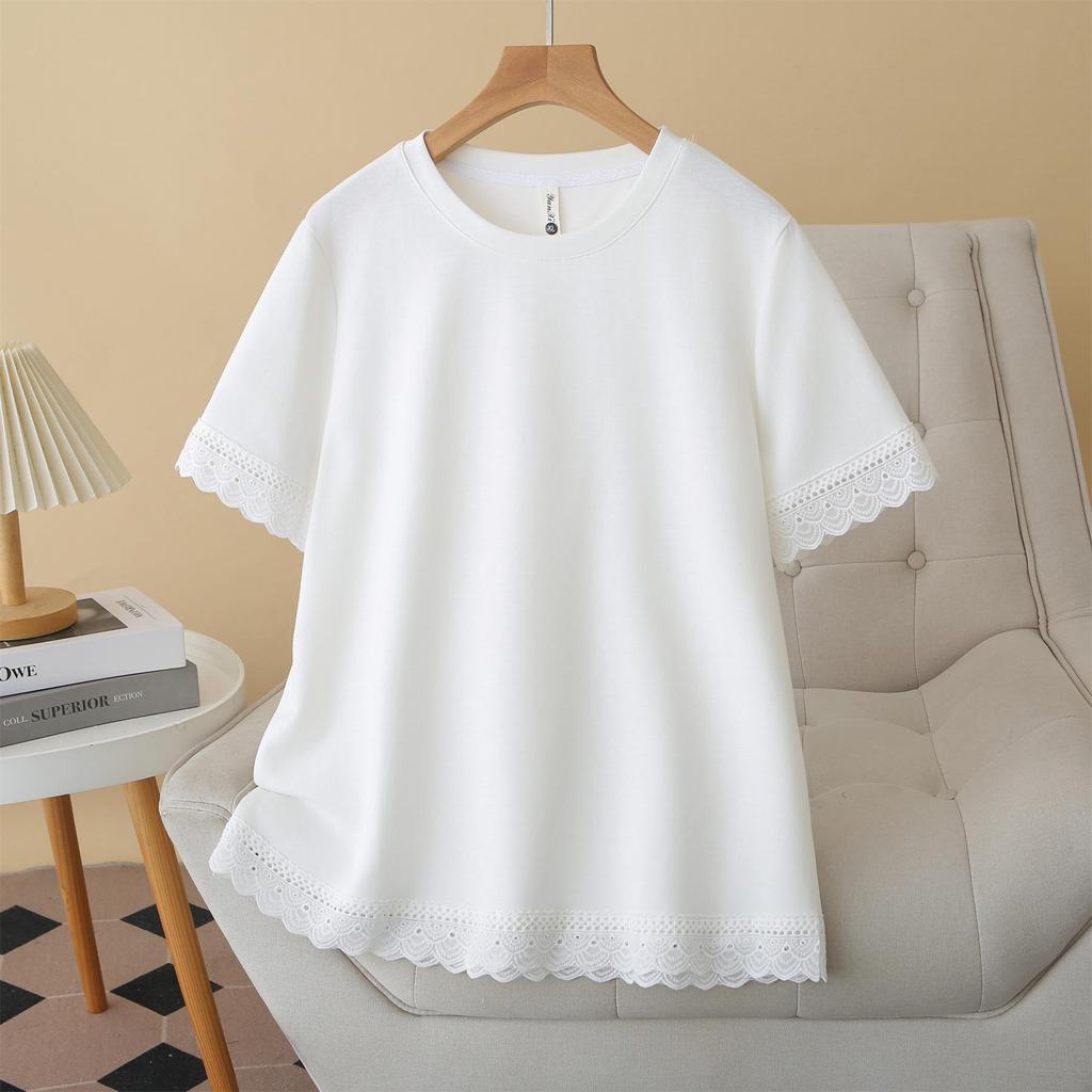 2026 Summer Plus Size Women's Lace Patchwork Cotton T-Shirt - Short Sleeve Slimming Top for Chubby Girls