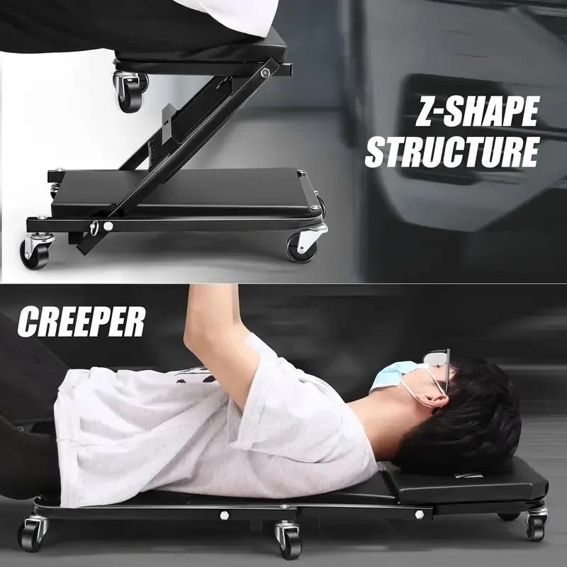 Folding Car Creeper Seat Work Bench Chair Roller Wheels Auto Repair Bed Maintenance Mechanic Garage Workshop Stool Tool