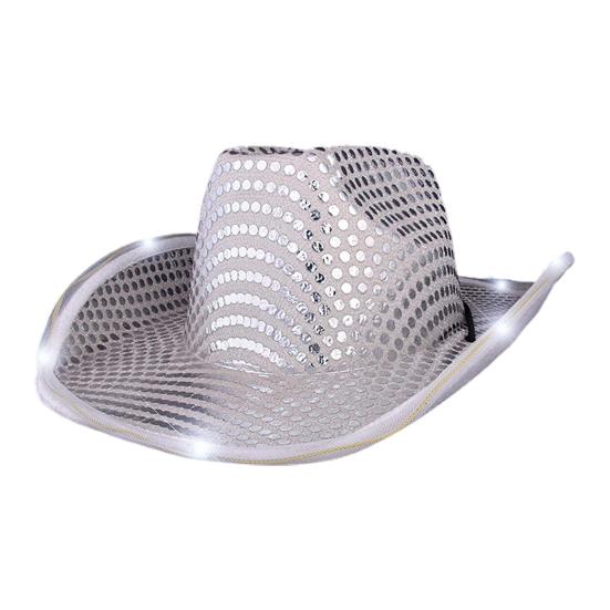 

Унисекс Джазовая шляпа с пайетками Защита от солнца Светящаяся кепка Сценическое выступление Блестящая шляпа с подвернутыми полями Танцевальная шляпа со светом для клуба серебряный