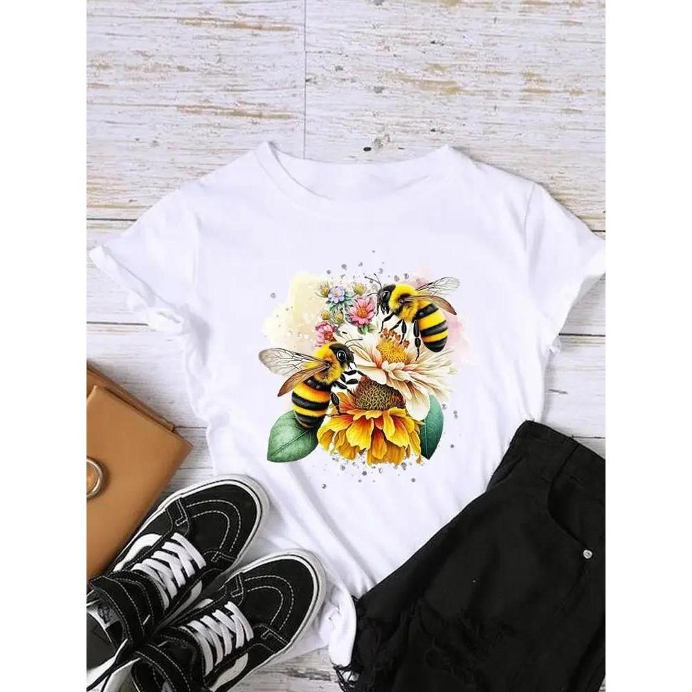 Sleeve Graphic T-shirt Women Top Print Fashion Clothing Watercolor Trend Lady Female Shirt Tee Clothes