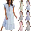 Women's V Neck Short Sleeve Midi Dress Loose Fit Elastic Waist Casual Striped Tunic Dress