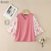ZANZEA Women Casual V-Neck Print Splice 3/4 Sleeve Loose Blouse