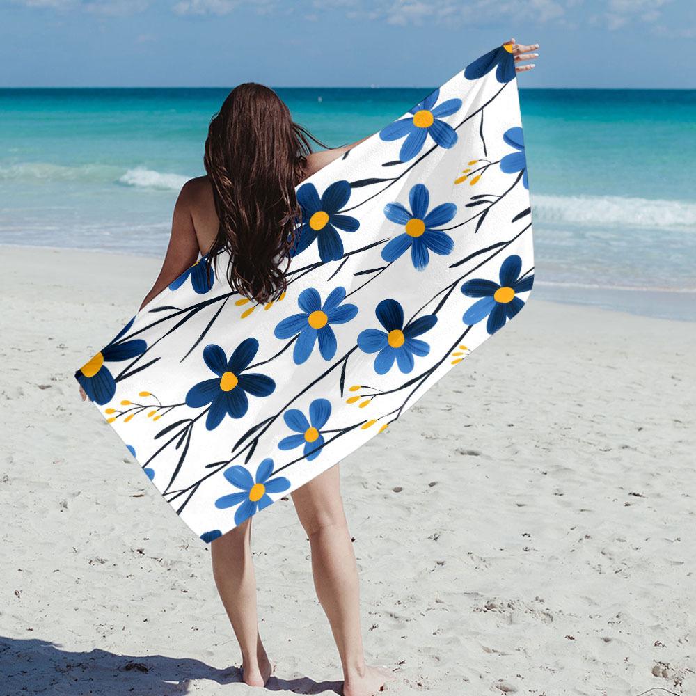 1 X Quick Dry Microfiber Beach Towel With Vibrant Blue Floral Print - Soft, Absorbent And Lightweight For Beach, Camping