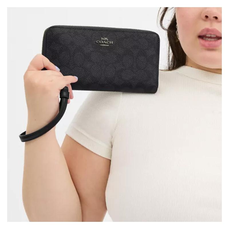 Coach 19 Metal Logo Zip Closure Coated Canvas Wallet Regular Women's Charcoal and Black Charcoal and Black