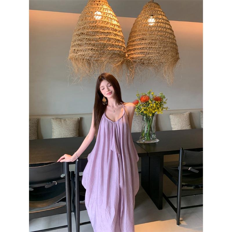 

French Haute Sexy Collar Neck Halter Suspender Dress Women s Summer Seaside Vacation Photo Beach Dress L лавандовий