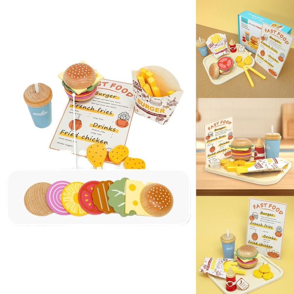 Fun Wooden Simulation Burger French Fries Beverage Kid Toy Set For Early Childhood Learning And Creative Play