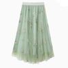 Qooth Sweet Women Floral A Line Tulle Skirt Rustic Style Wide Hem Mid Length Elastic Waist Casual Skirt QT2656